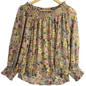 Umgee Floral Smocked Neck/Cuffs Boho Off-the-Shoulder Bell Sleeve Top Medium